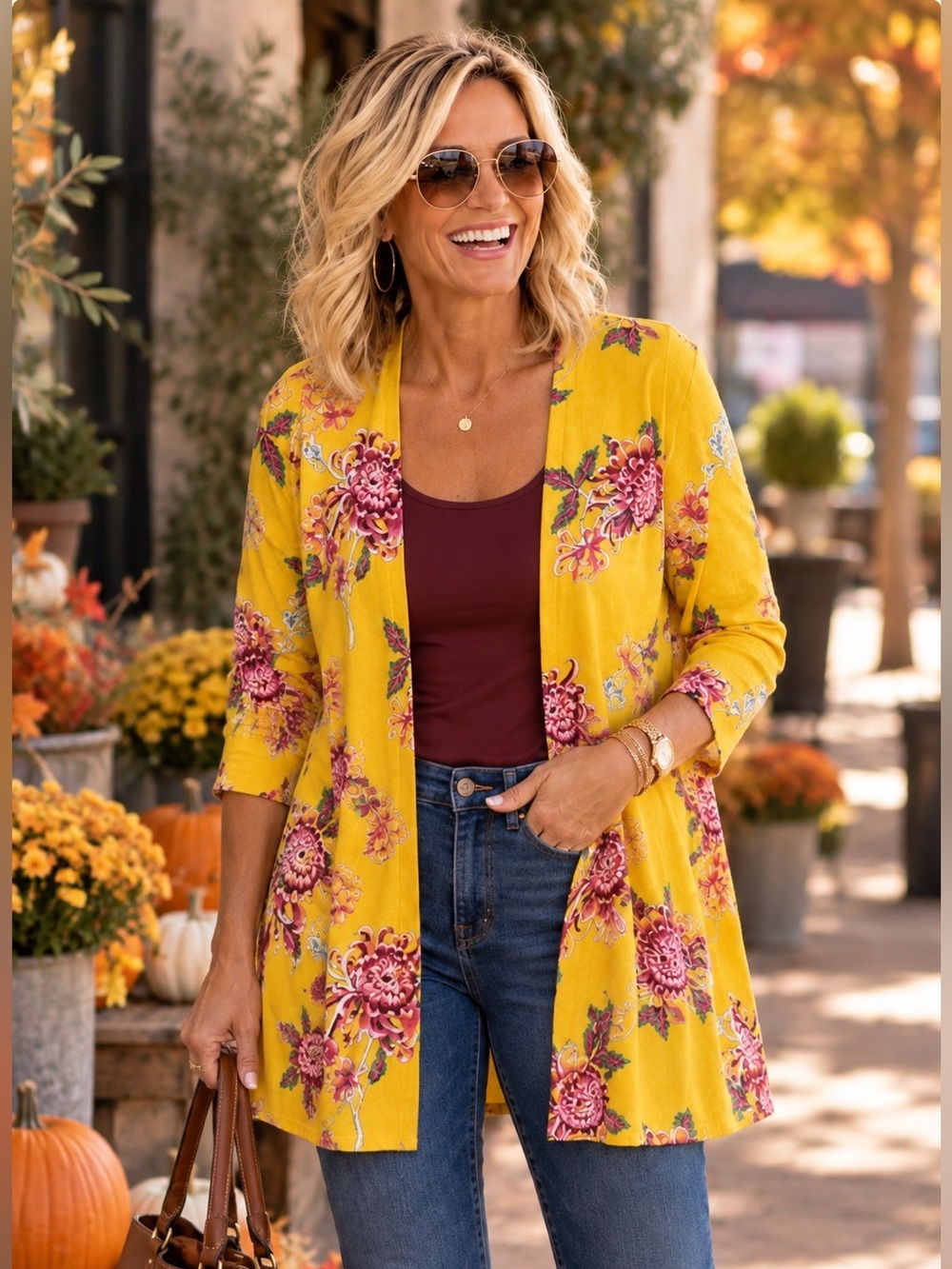 Lularoe Cheery Yellow Fall Floral Open Cardigan Kimono Style Duster With Pockets